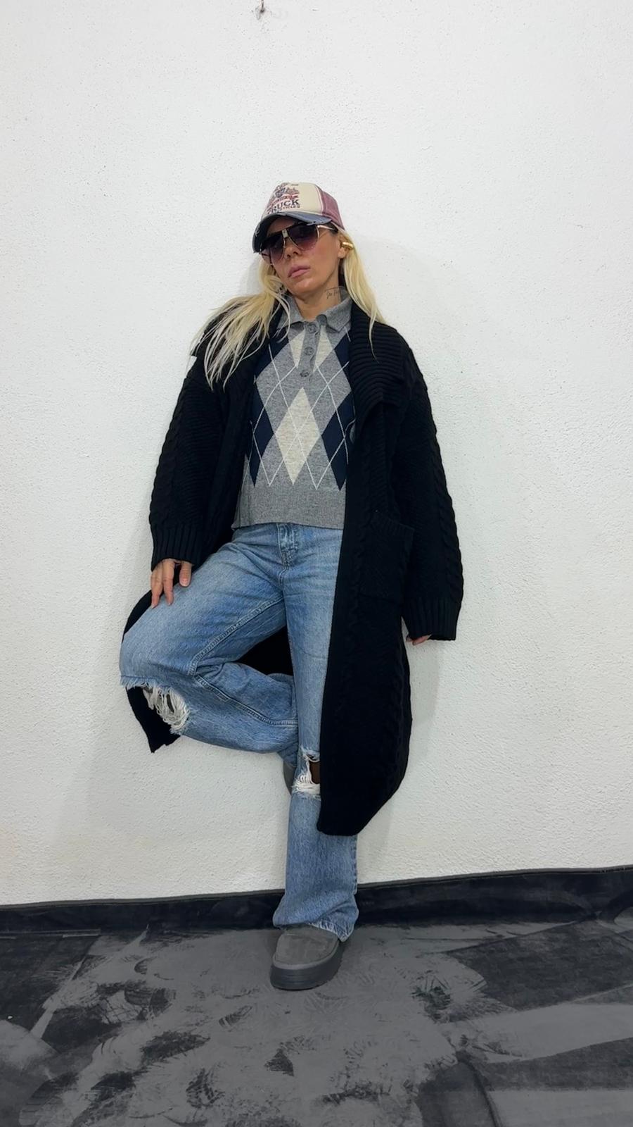 Nunu By Balıksırtı Desenli Siyah Oversize Hırka