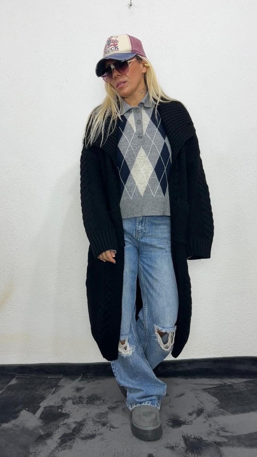Nunu By Balıksırtı Desenli Siyah Oversize Hırka