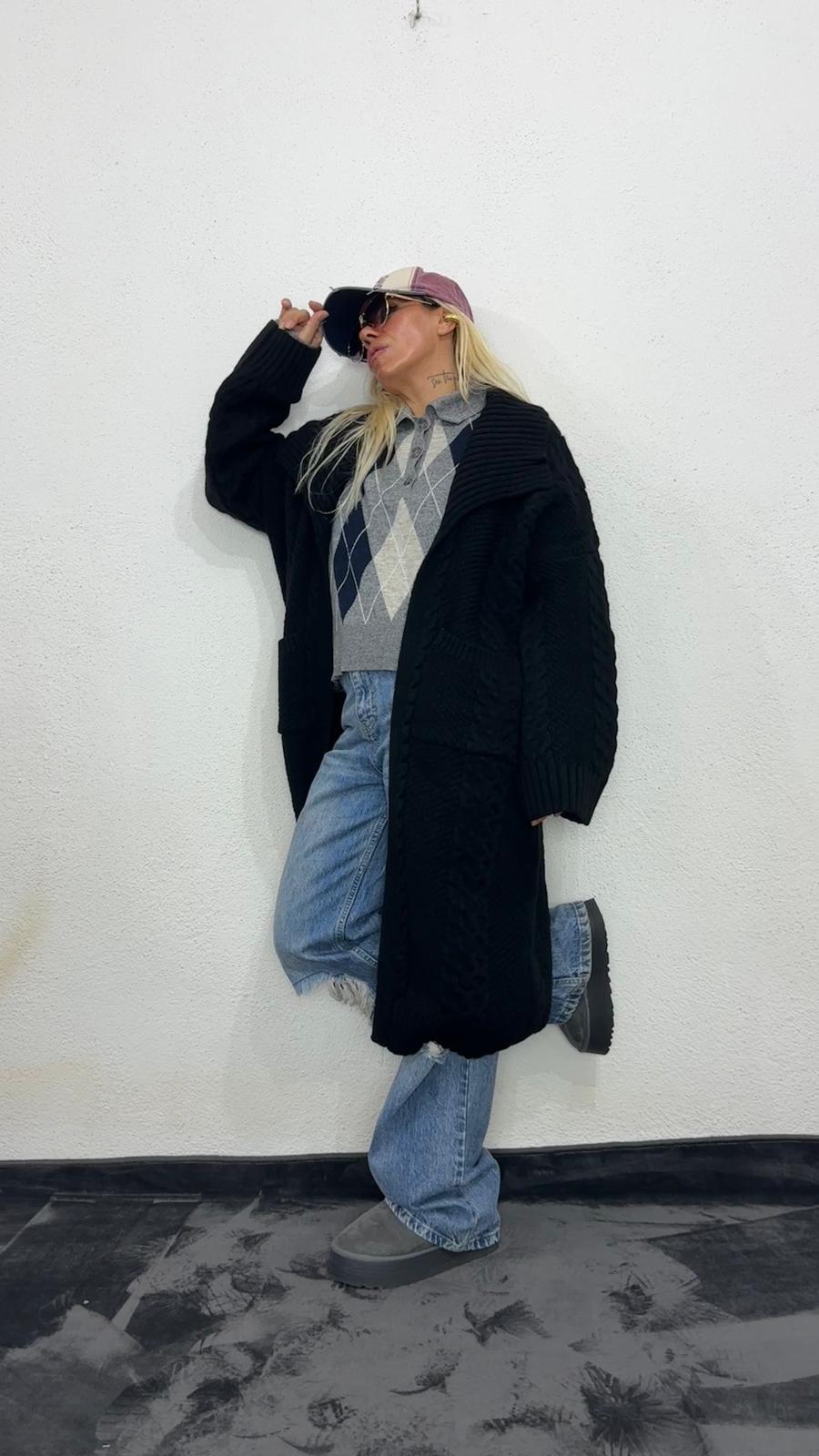 Nunu By Balıksırtı Desenli Siyah Oversize Hırka