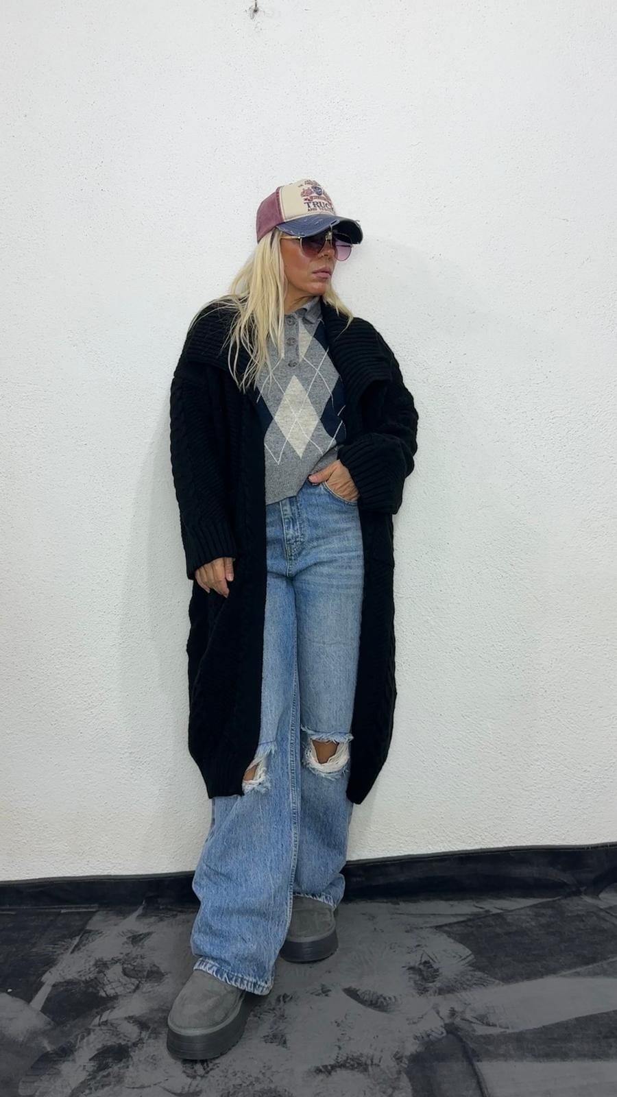 Nunu By Balıksırtı Desenli Siyah Oversize Hırka