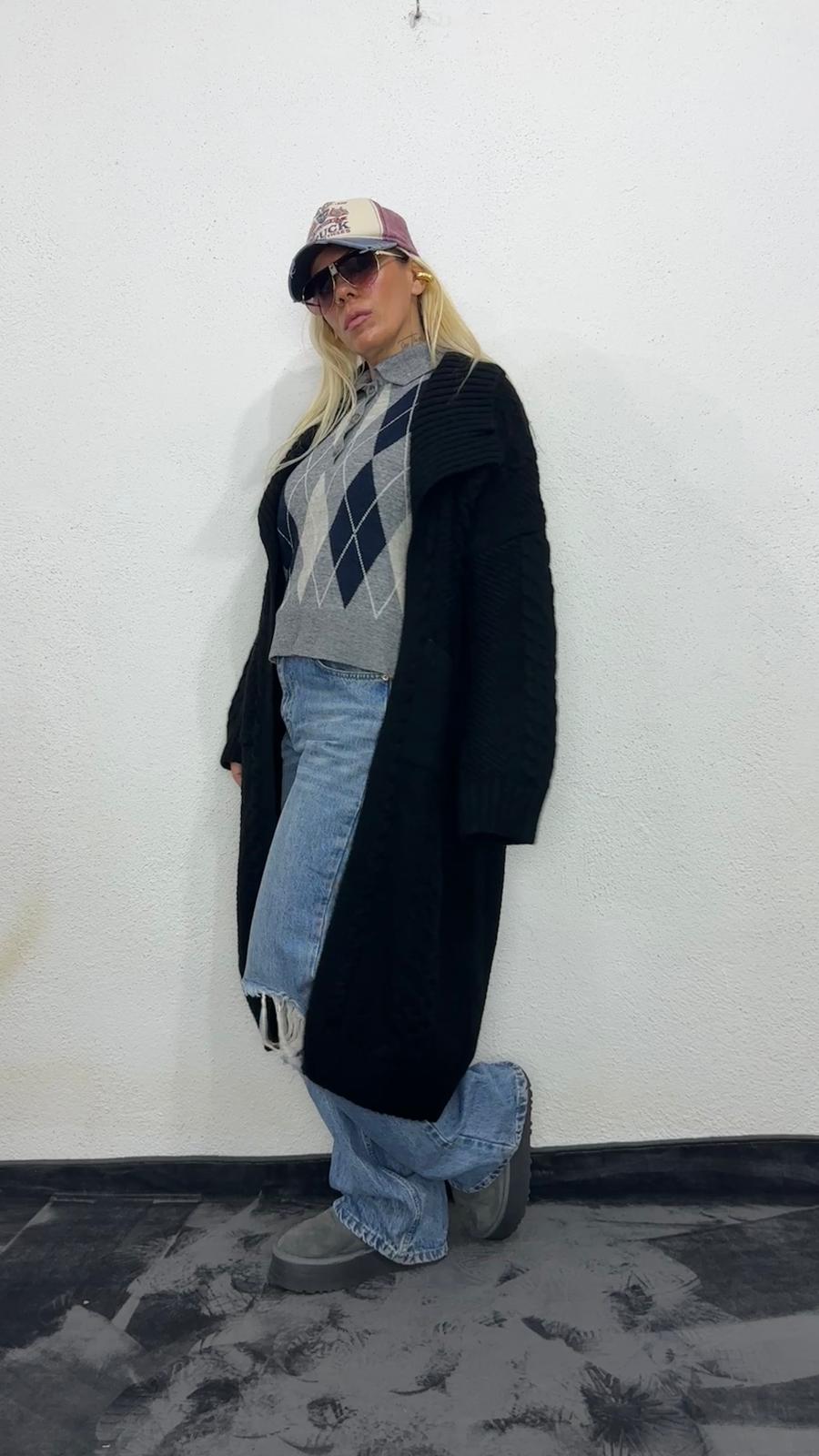 Nunu By Balıksırtı Desenli Siyah Oversize Hırka