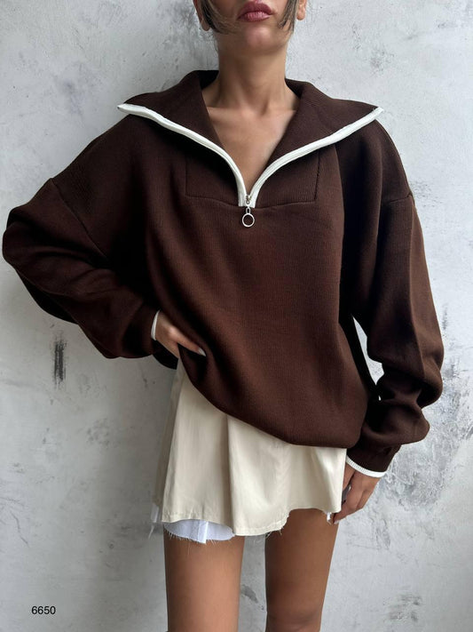 Oversize Begi Acı Kahve Fermuar Yaka Boğazlı Triko