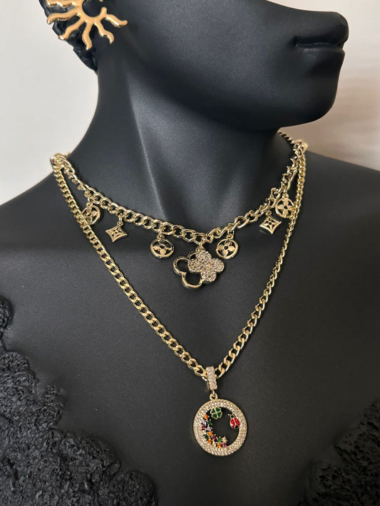 Pirinç Gold Van Cleef Model Zirkon Taş Kombin Kolye