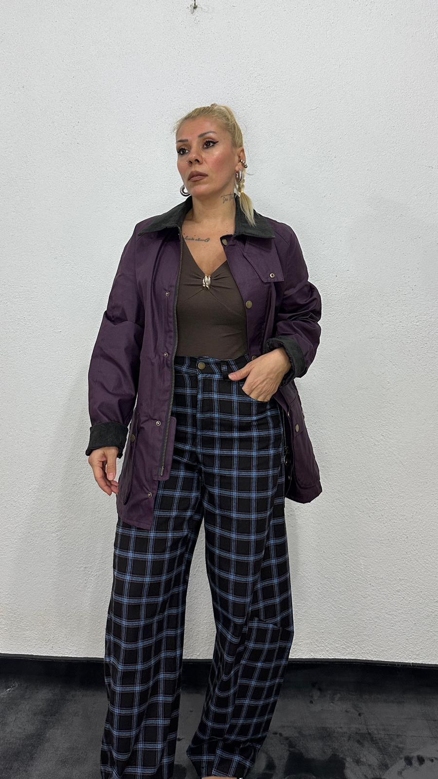 NuNU By Bebe Mavi Ekose Balon Fit Kumaş Pantolon