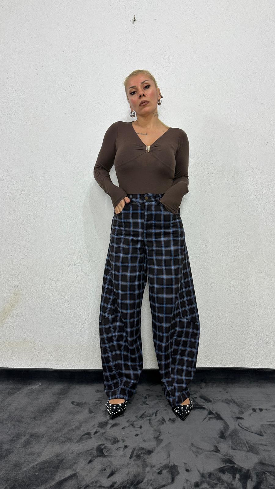 NuNU By Bebe Mavi Ekose Balon Fit Kumaş Pantolon