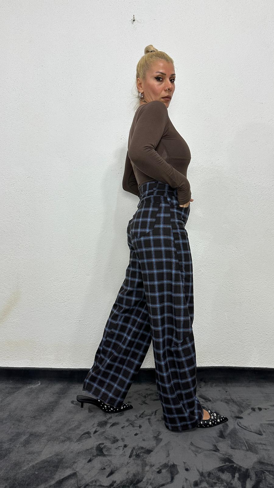 NuNU By Bebe Mavi Ekose Balon Fit Kumaş Pantolon