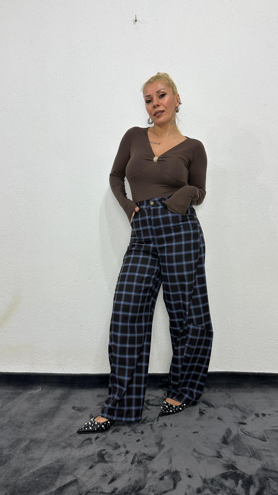 NuNU By Bebe Mavi Ekose Balon Fit Kumaş Pantolon