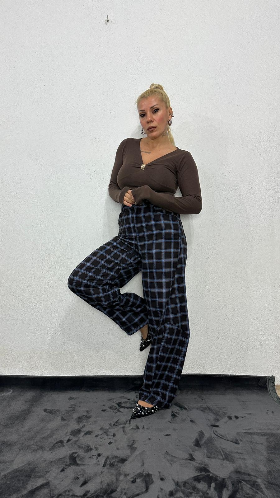 NuNU By Bebe Mavi Ekose Balon Fit Kumaş Pantolon
