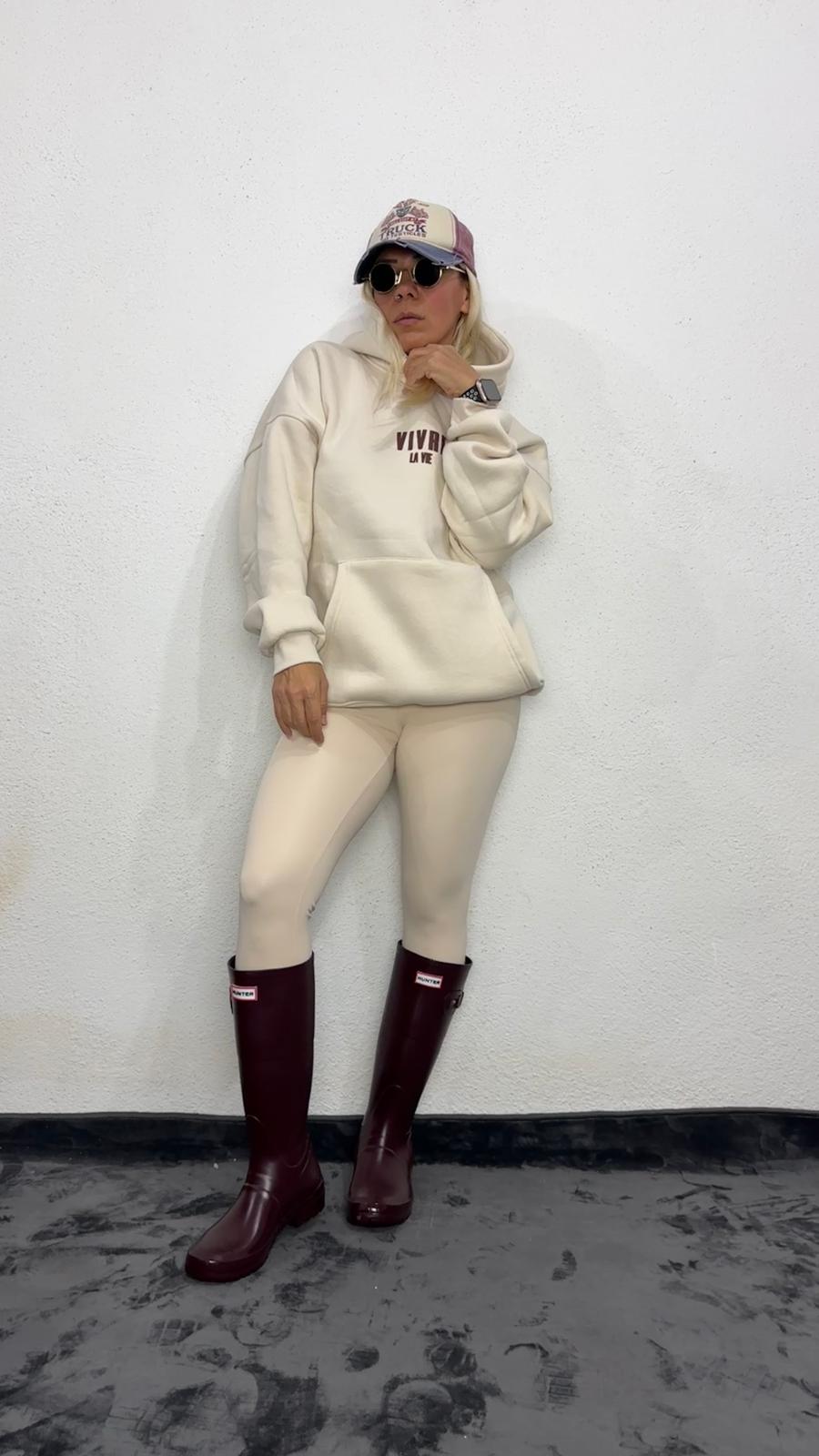 NuNu By Lagos Vivre La Vie Oversize Bej Kapüşonlu Sweatshirt