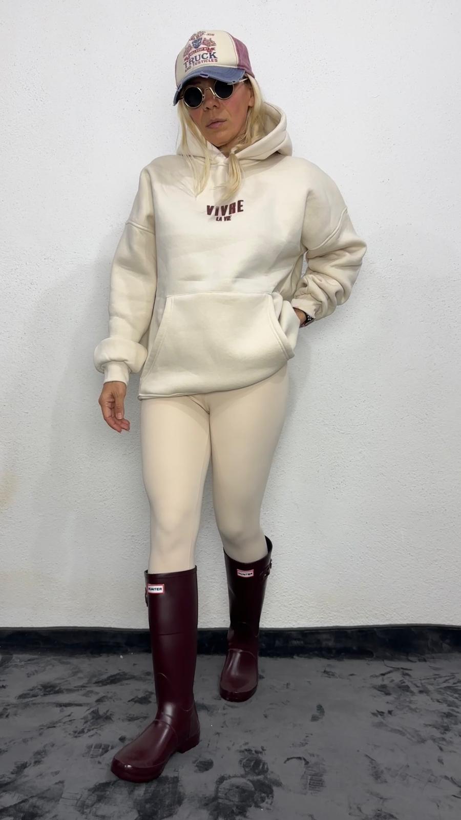 NuNu By Lagos Vivre La Vie Oversize Bej Kapüşonlu Sweatshirt