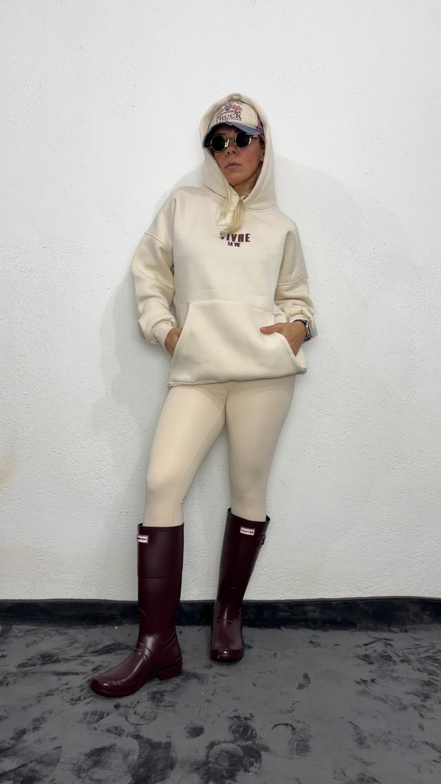 NuNu By Lagos Vivre La Vie Oversize Bej Kapüşonlu Sweatshirt