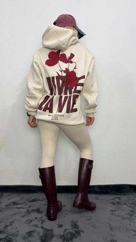 NuNu By Lagos Vivre La Vie Oversize Bej Kapüşonlu Sweatshirt
