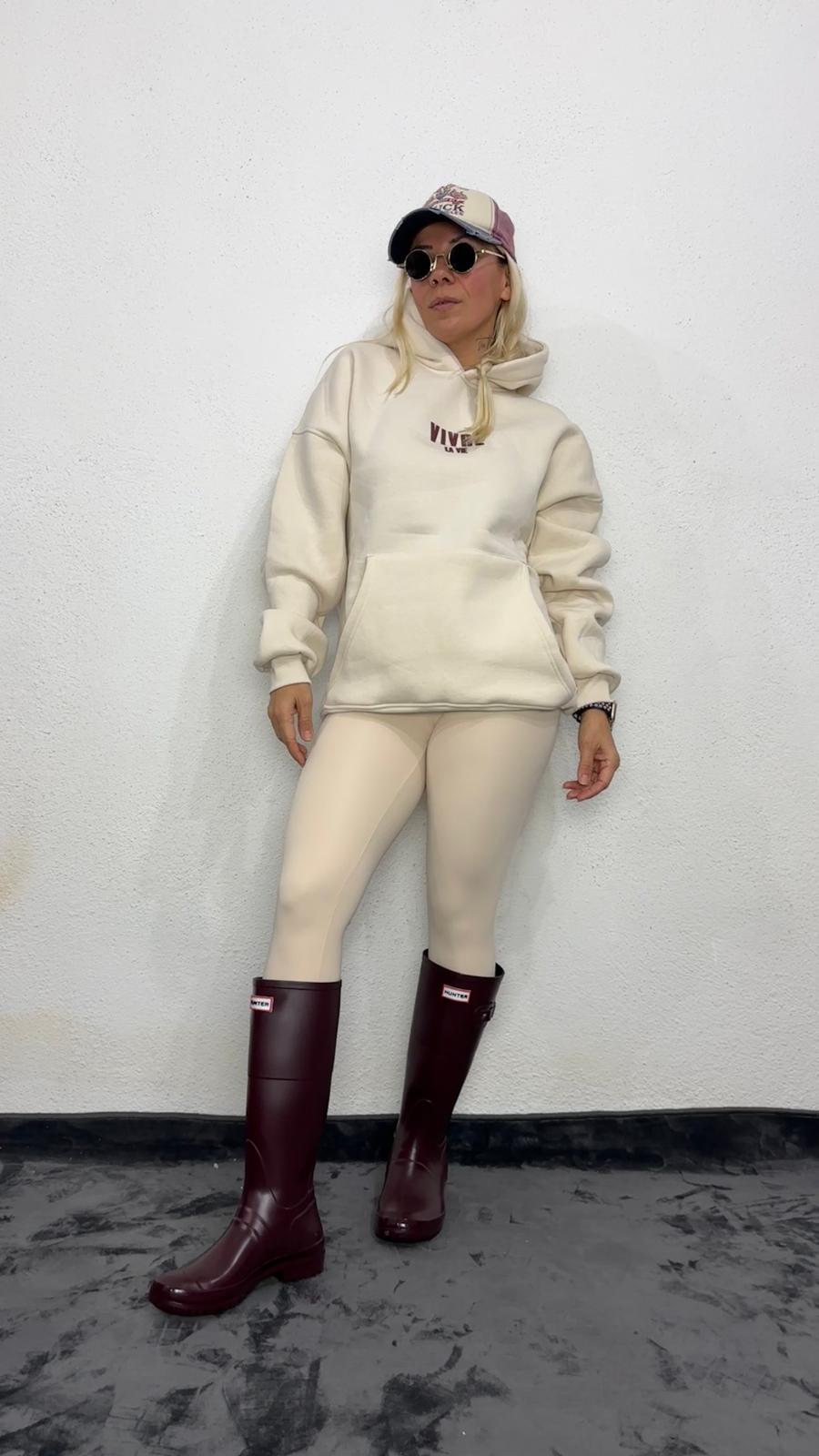 NuNu By Lagos Vivre La Vie Oversize Bej Kapüşonlu Sweatshirt