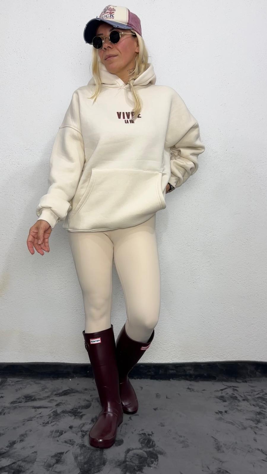 NuNu By Lagos Vivre La Vie Oversize Bej Kapüşonlu Sweatshirt