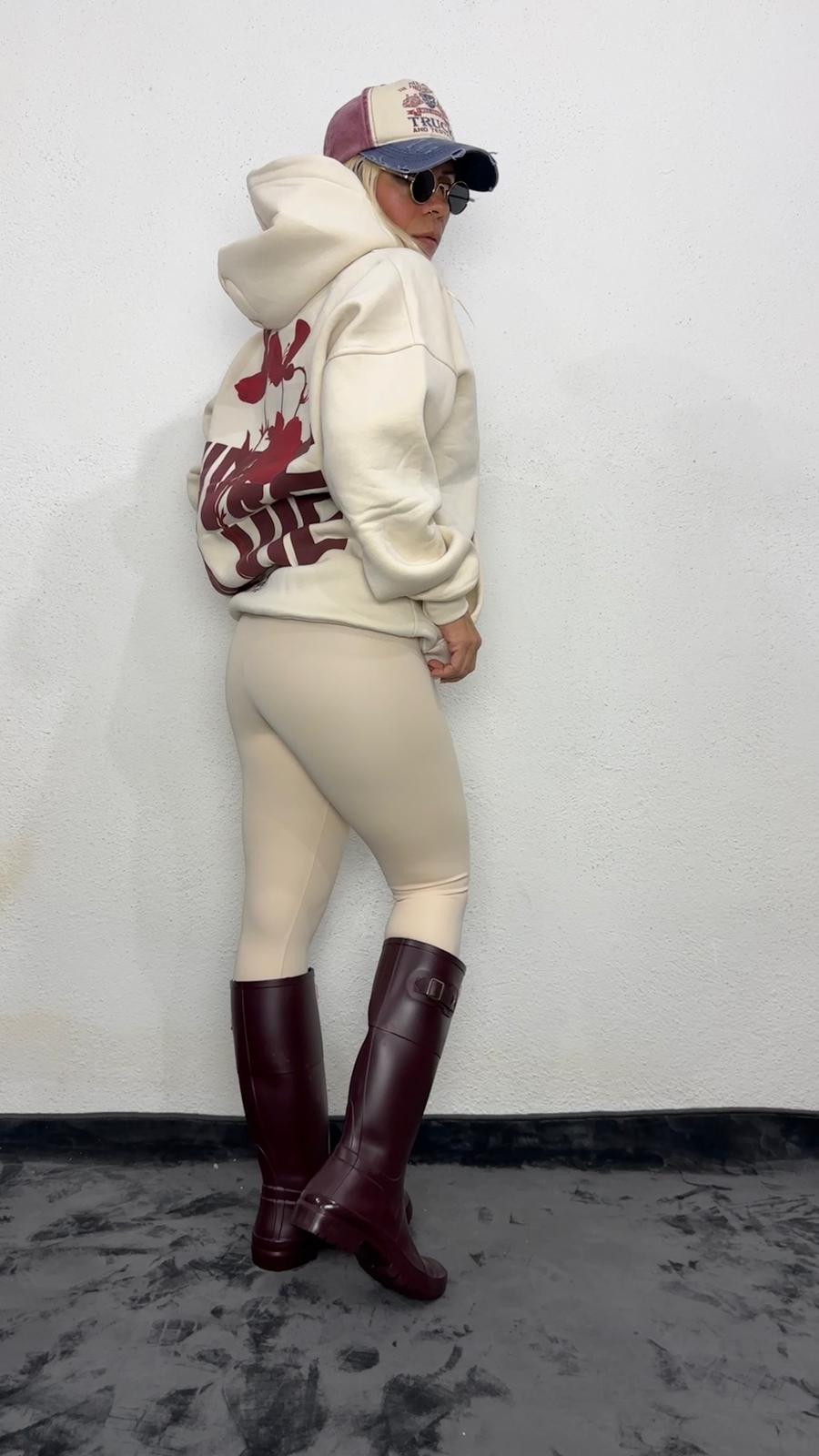 NuNu By Lagos Vivre La Vie Oversize Bej Kapüşonlu Sweatshirt