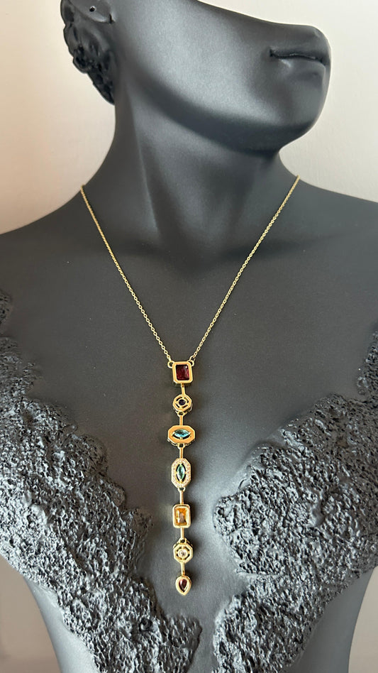Çelik Gold Renk Zirkon Taşlı Baget Dekolte Y Model Kadın Kolye