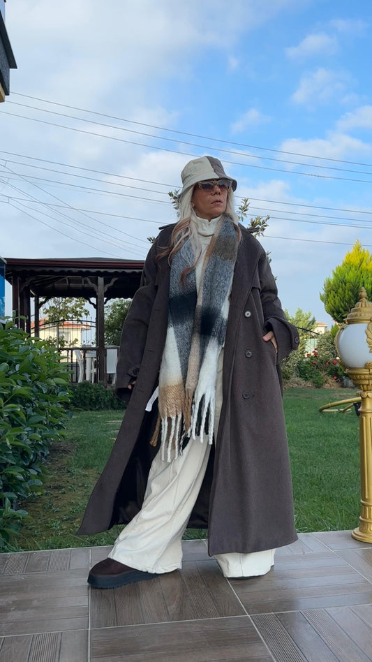 Kahverengi Oversize Kaşe Kaban