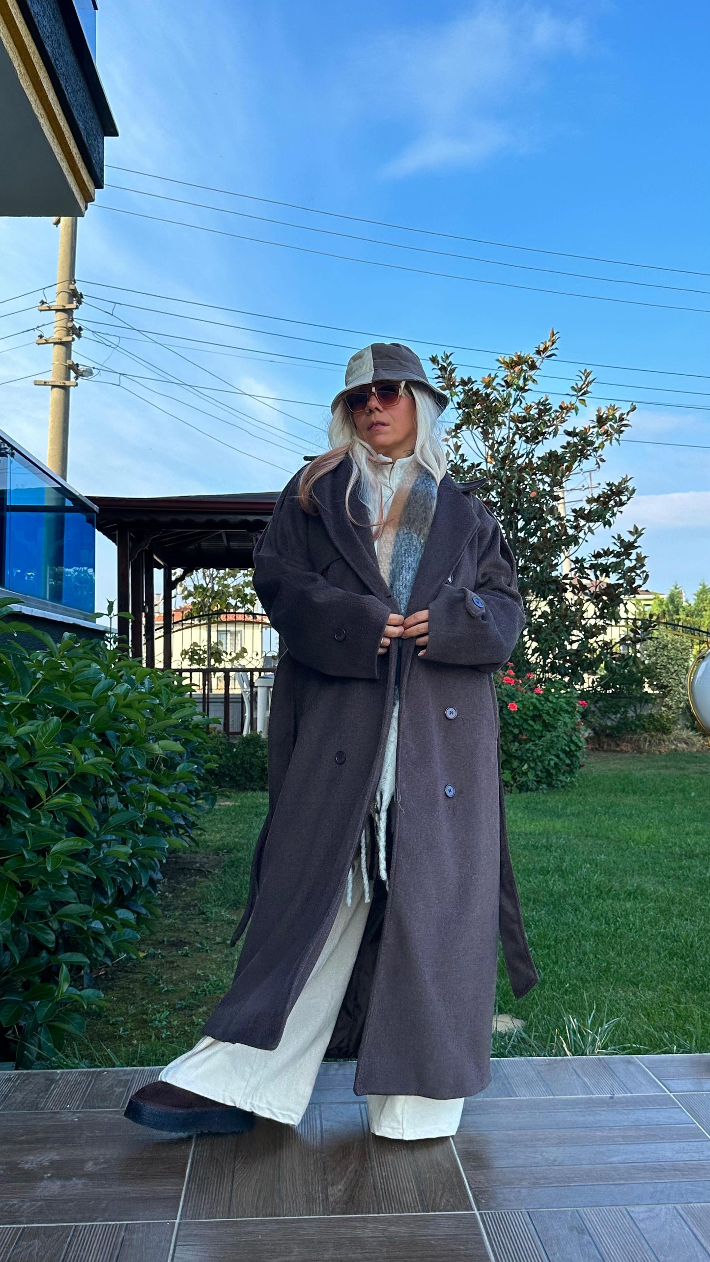 Kahverengi Oversize Kaşe Kaban