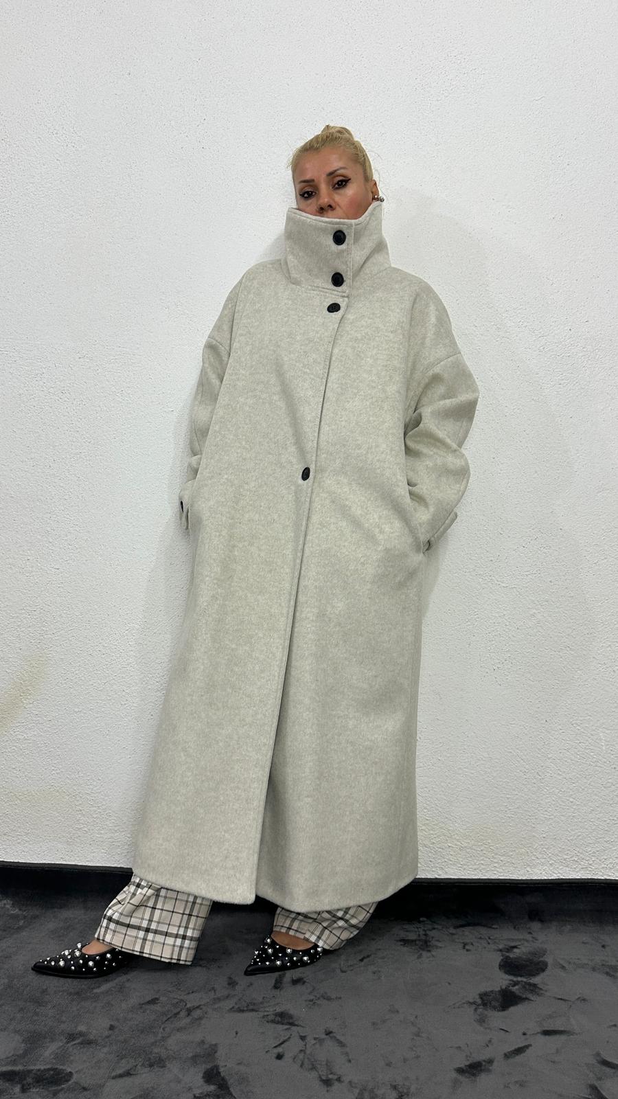 NuNu By Krem Dik Yaka Oversize Kaşe Kaban L