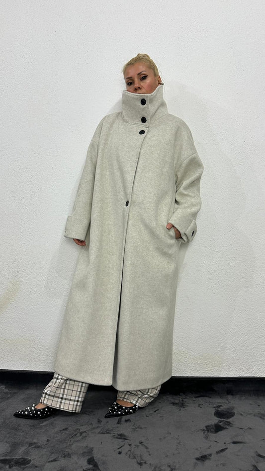 NuNu By Krem Dik Yaka Oversize Kaşe Kaban