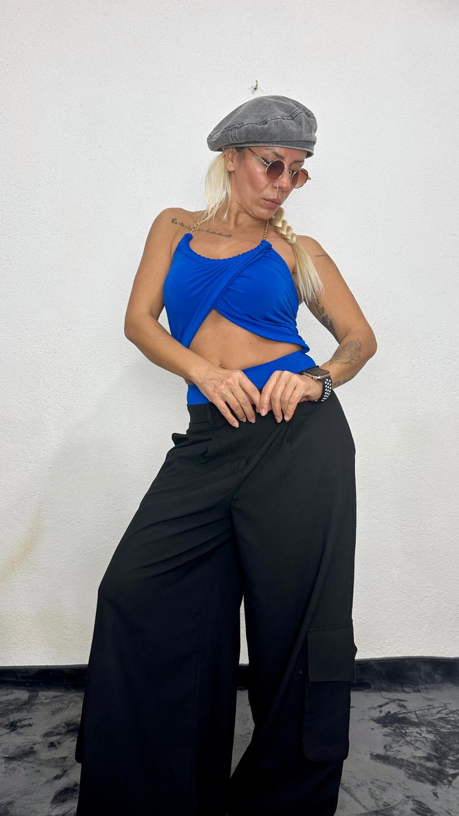 Lady’S Mavi Zincir Detay Body Suit Bluz