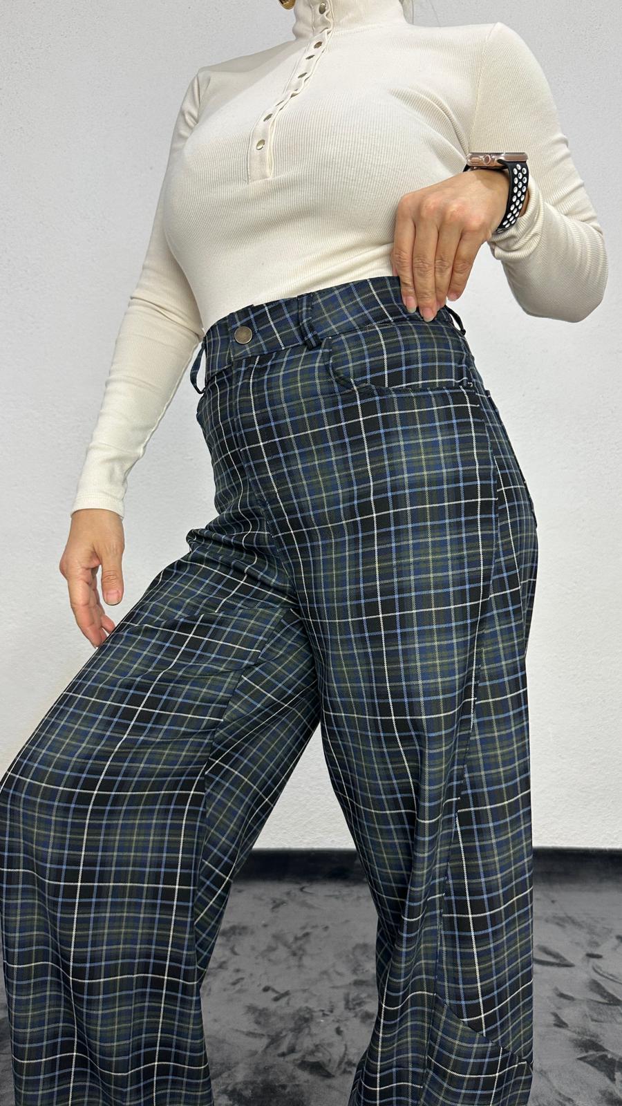 NuNU By Lacivert Ekose Balon Fit Kumaş Pantolon