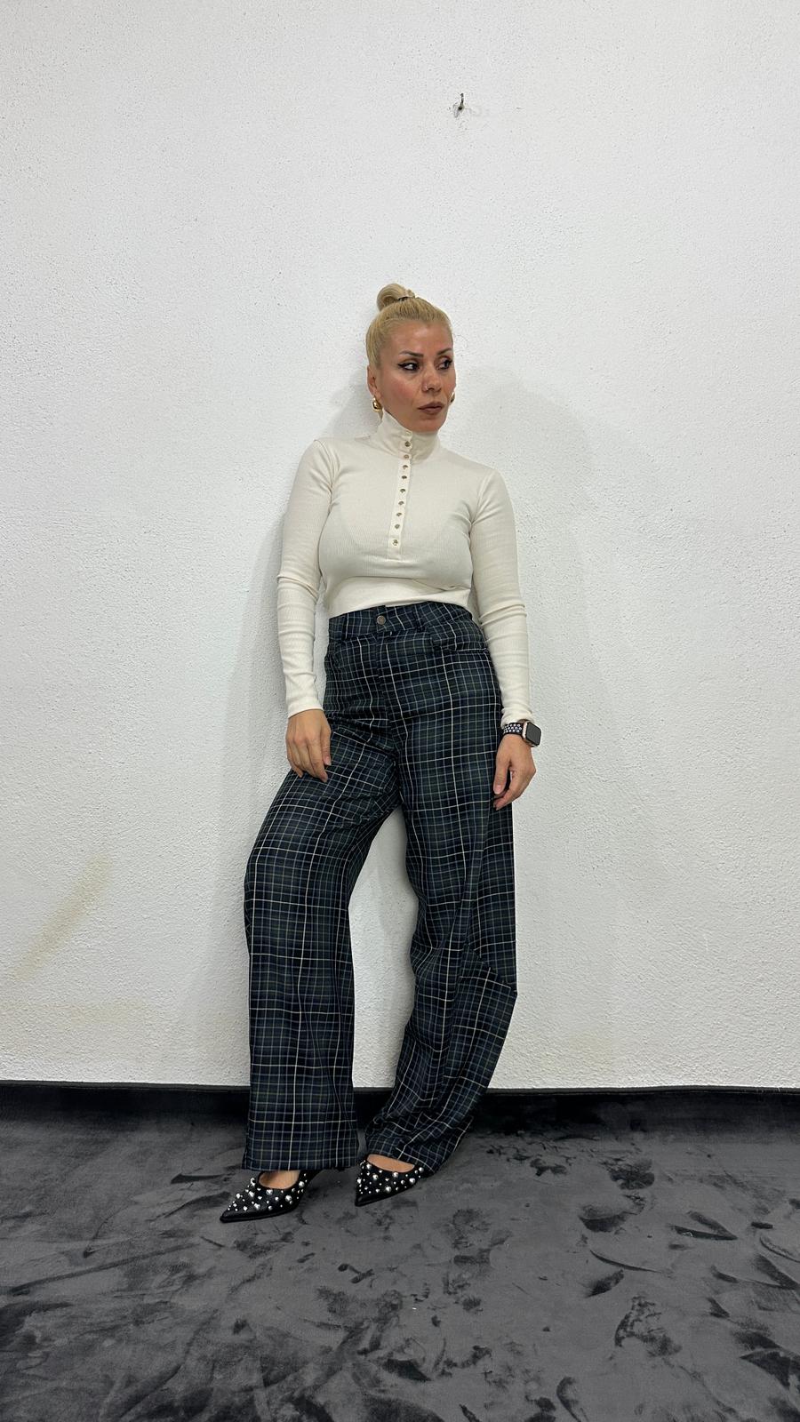 NuNU By Lacivert Ekose Balon Fit Kumaş Pantolon