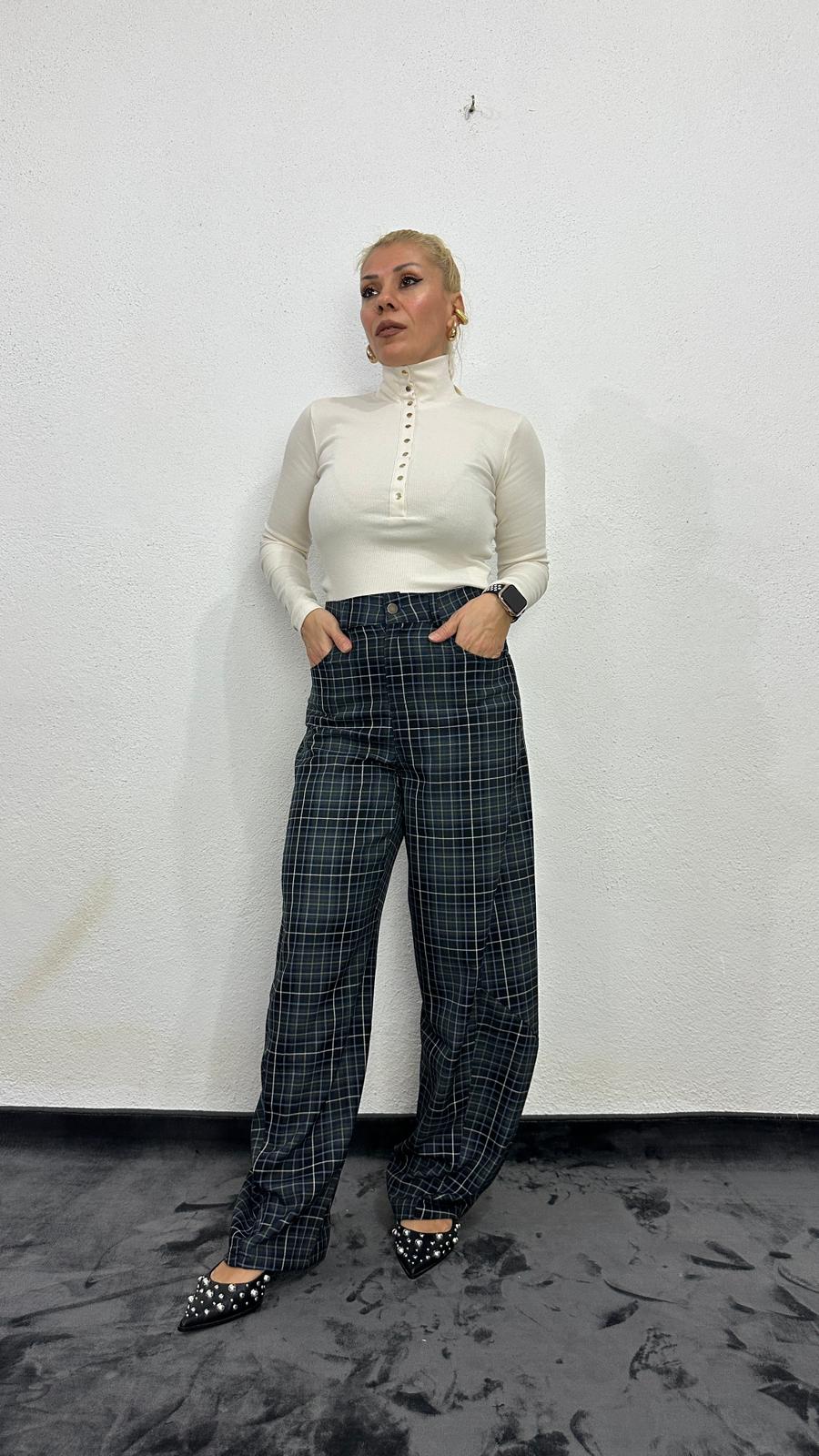 NuNU By Lacivert Ekose Balon Fit Kumaş Pantolon