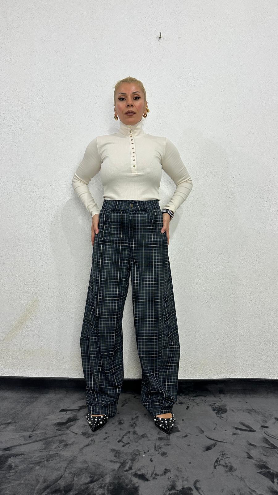 NuNU By Lacivert Ekose Balon Fit Kumaş Pantolon