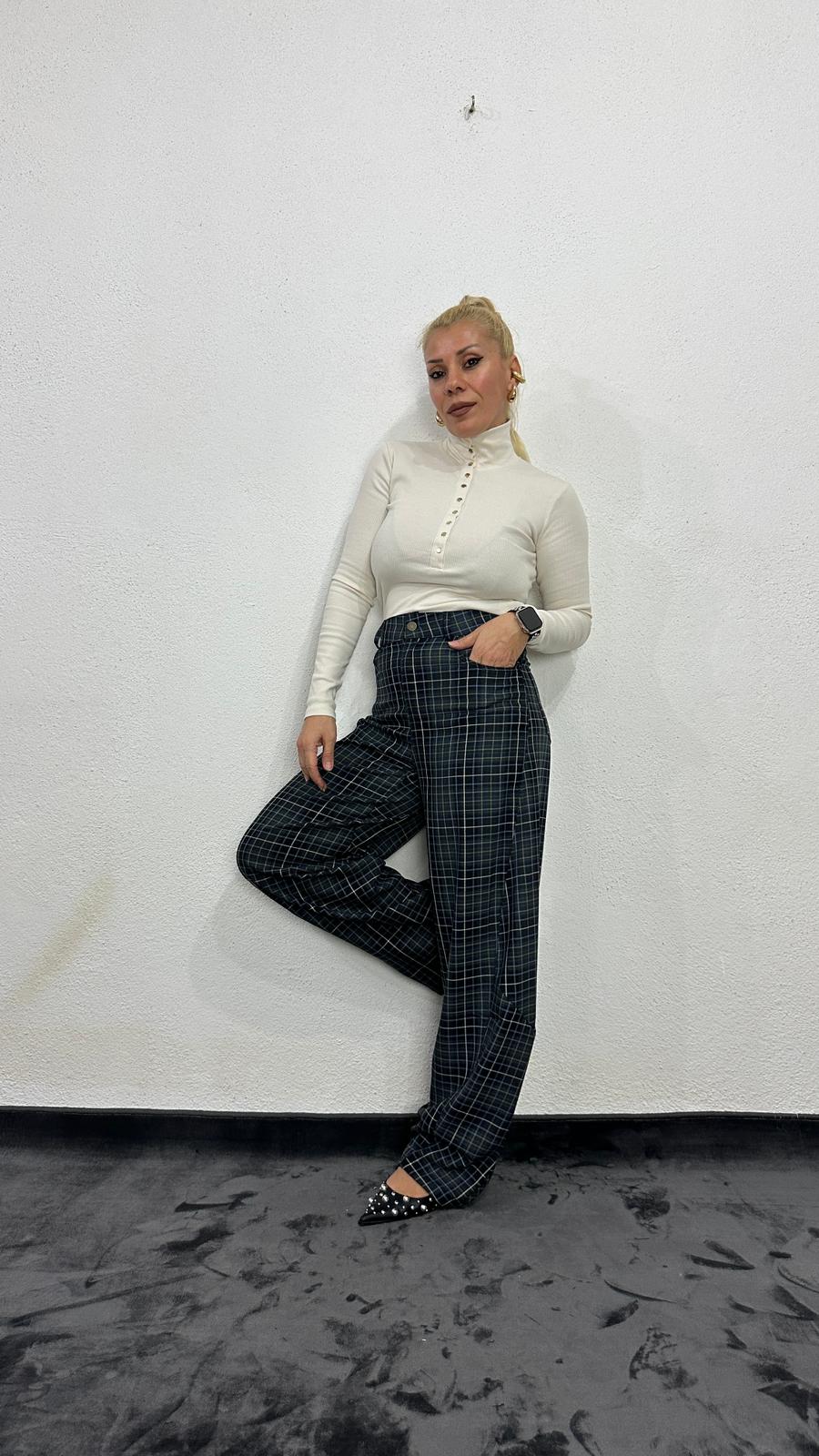 NuNU By Lacivert Ekose Balon Fit Kumaş Pantolon