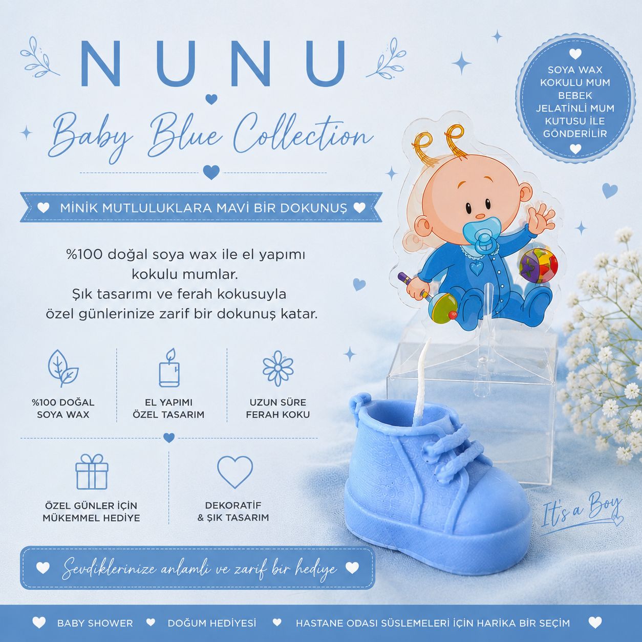 NuNu Baby Blue Collection – Kişiye Özel It’s A Boy & Bebek Ayakkabı Mum Seti Ayakkabı