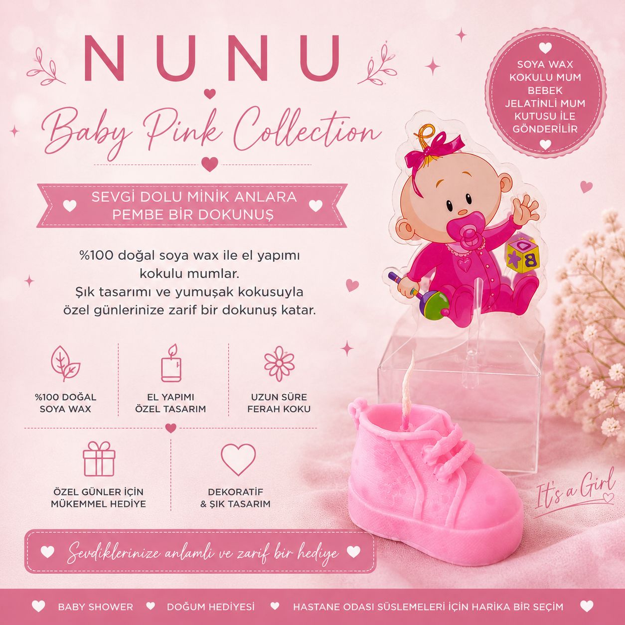 NuNu Baby Pink Collection – Kişiye Özel It’s A Girl & Bebek Ayakkabı Mum Seti Ayakkabı