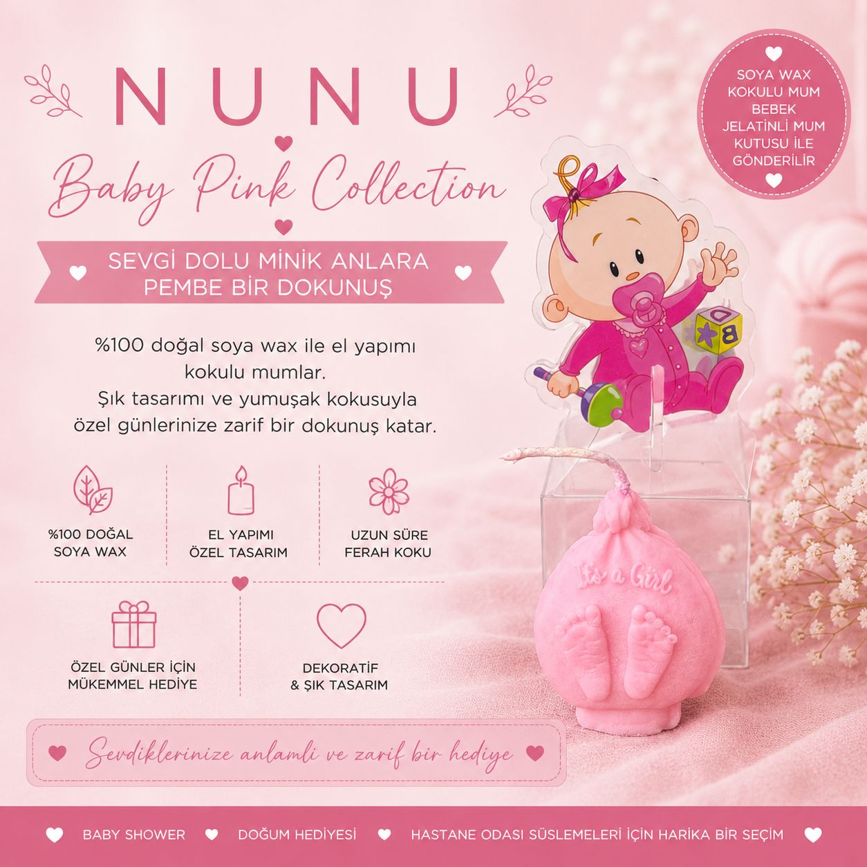 NuNu Baby Pink Collection – Kişiye Özel It’s A Girl & Bebek Ayakkabı Mum Seti It's a Girl