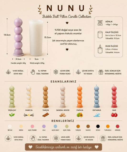 NuNu Bubble Ball Pillar Candle Collection – El Yapımı Soya Wax Dekoratif Mum Soya Wax