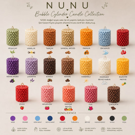 NuNu Bubble Cylinder Candle Collection – El Yapımı Soya Wax Dekoratif Mum Soya Wax