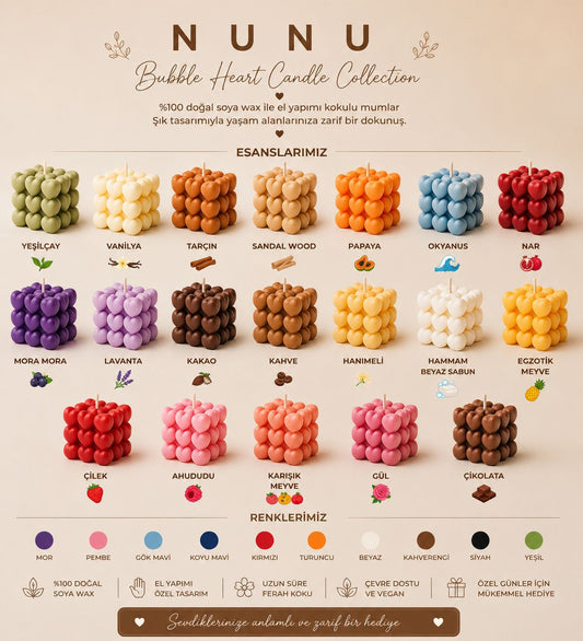 NuNu Bubble Heart Candle Collection – El Yapımı Soya Wax Kalp Desenli Dekoratif Mum Soya Wax