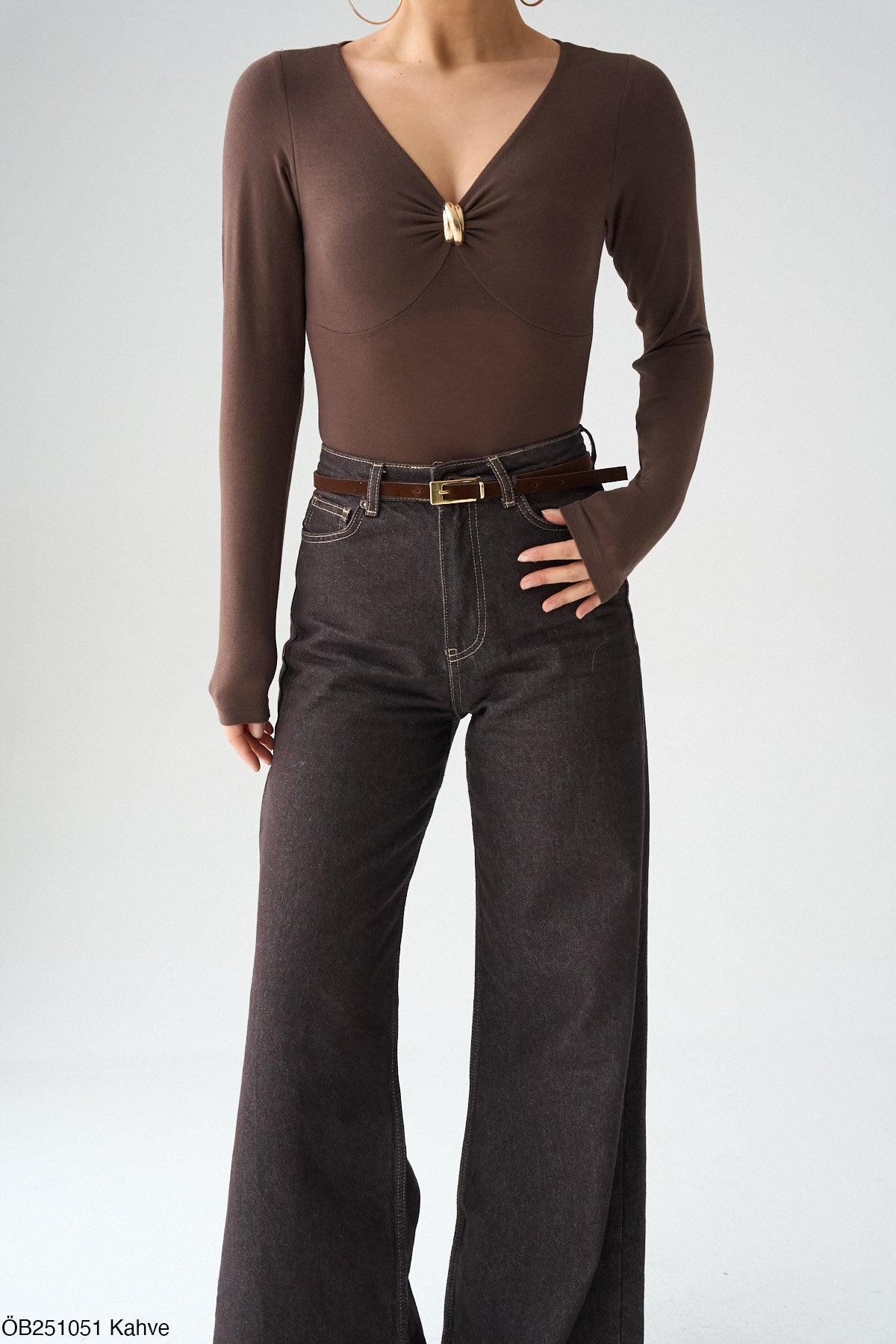 NuNu By Aura Gold Detaylı Kahve Bluz L