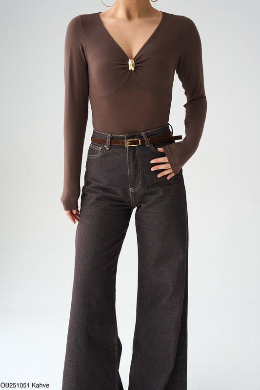 NuNu By Aura Gold Detaylı Kahve Bluz L