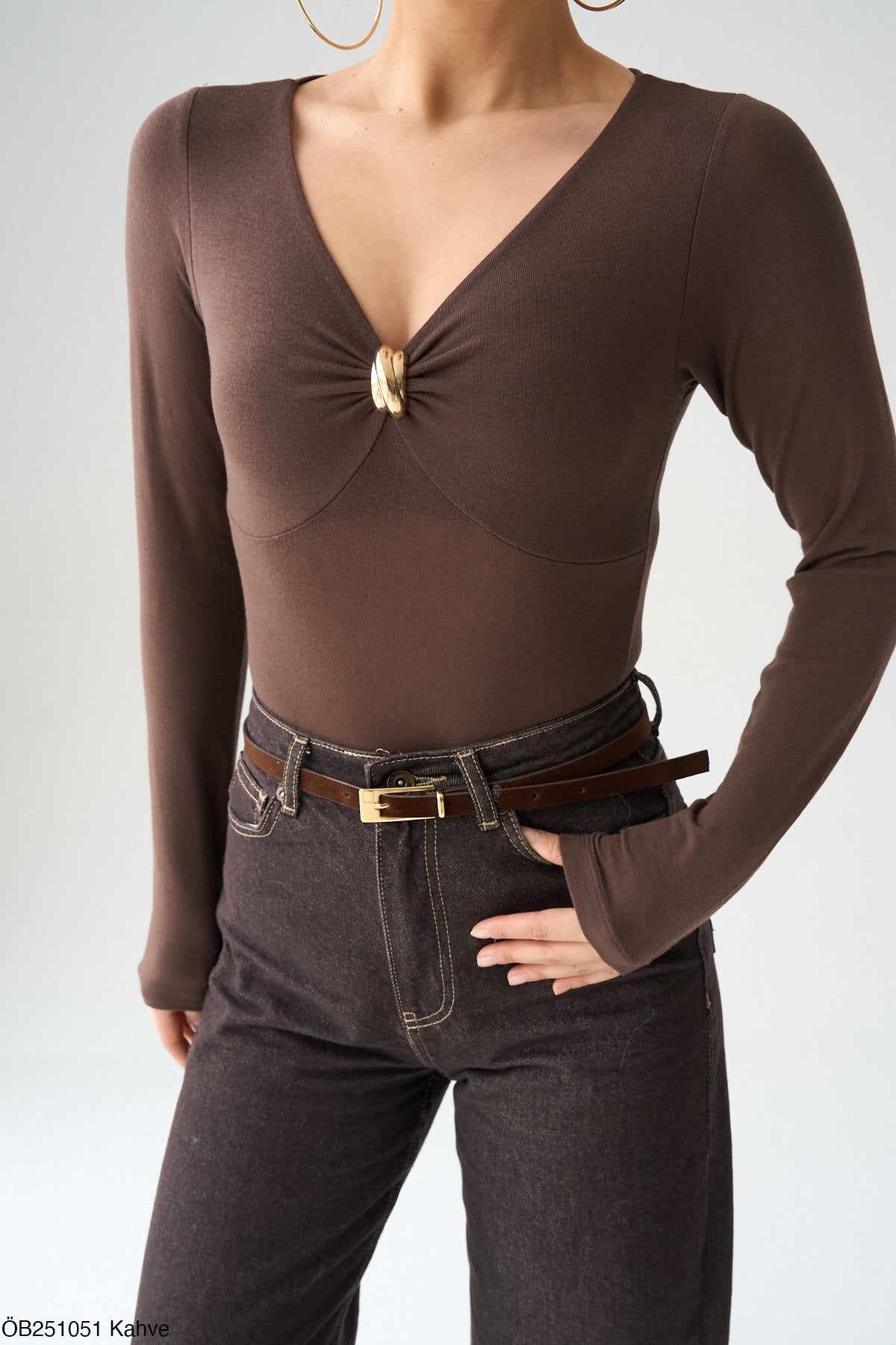 NuNu By Aura Gold Detaylı Kahve Bluz