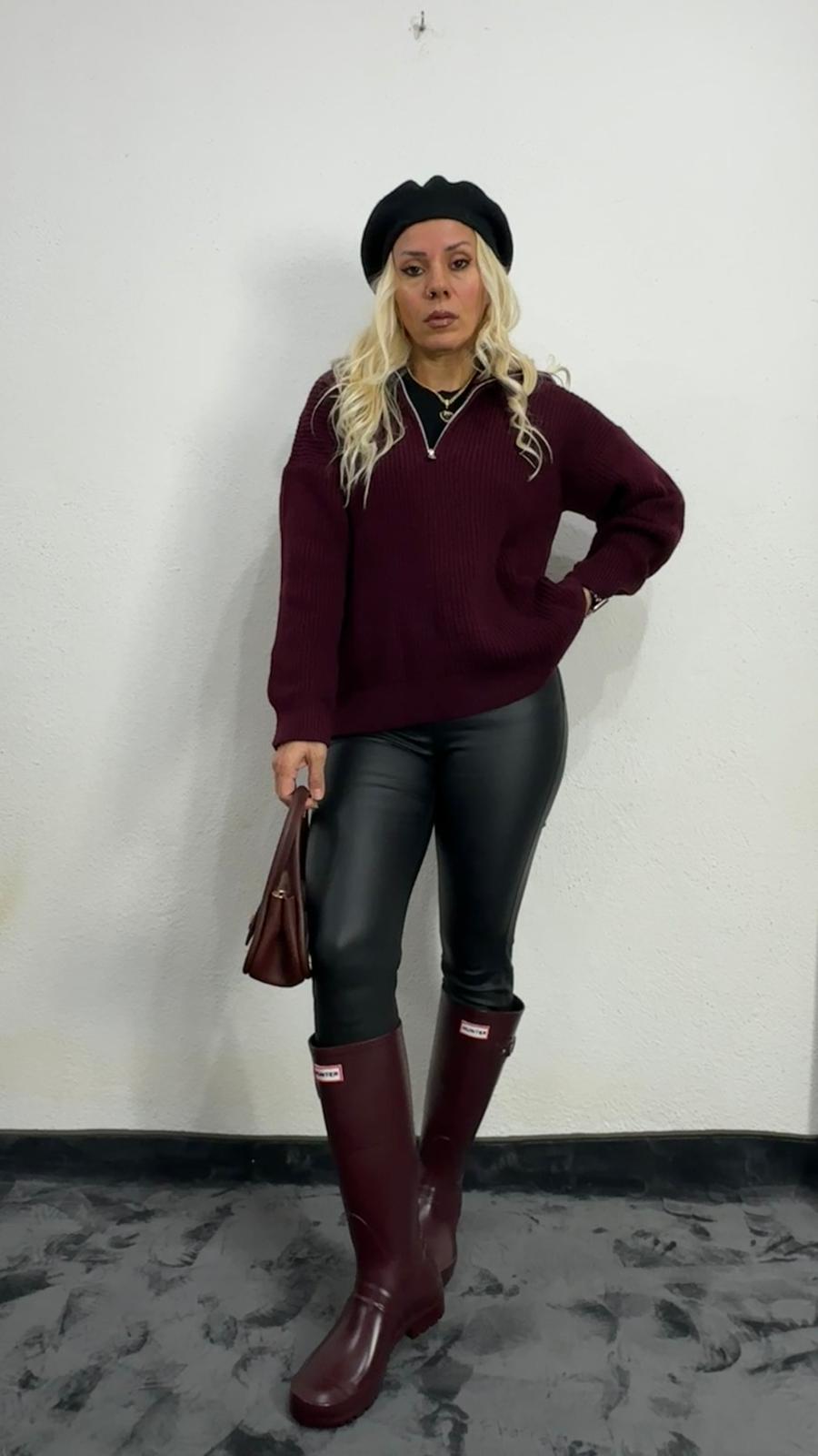 Nunu By Cosy Comfort Bordo Polo Yaka Fermuarlı Kazak