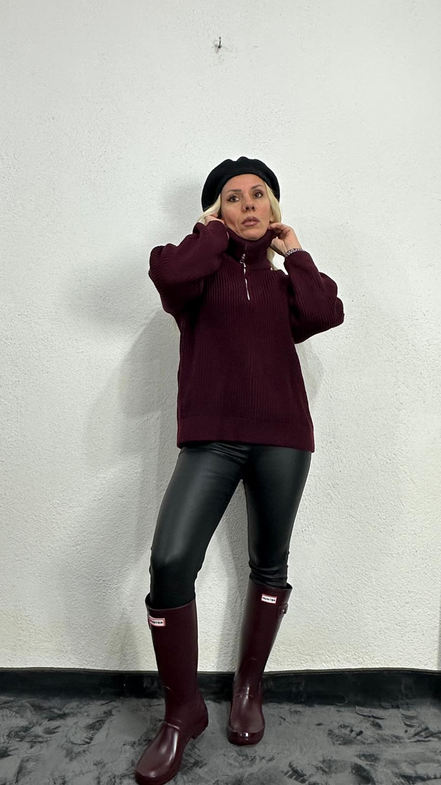 Nunu By Cosy Comfort Bordo Polo Yaka Fermuarlı Kazak