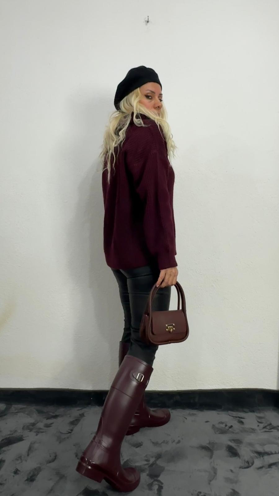 Nunu By Cosy Comfort Bordo Polo Yaka Fermuarlı Kazak