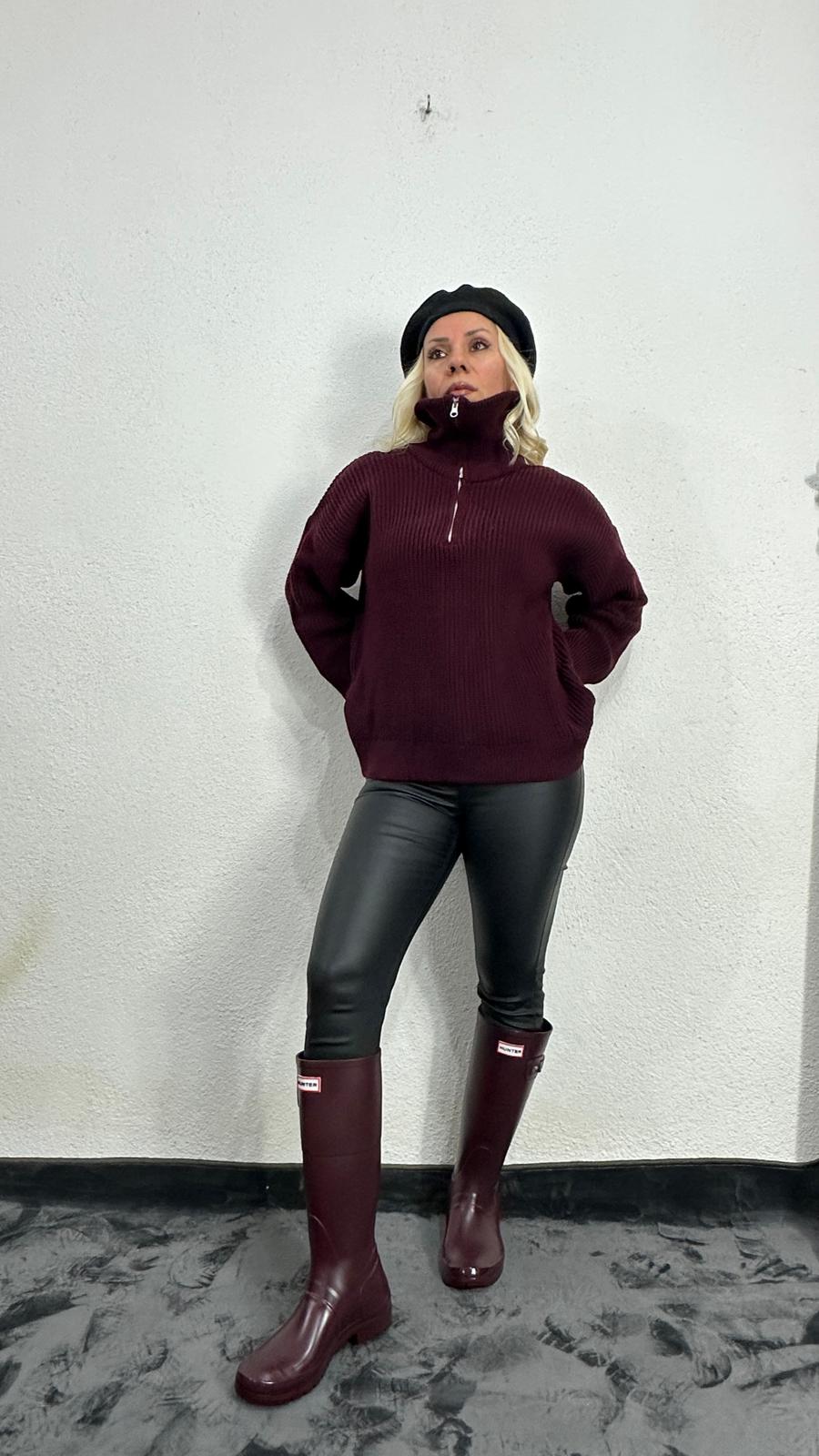 Nunu By Cosy Comfort Bordo Polo Yaka Fermuarlı Kazak