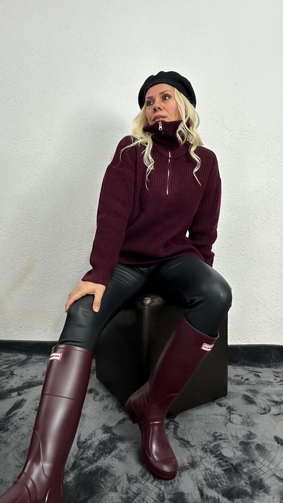 Nunu By Cosy Comfort Bordo Polo Yaka Fermuarlı Kazak