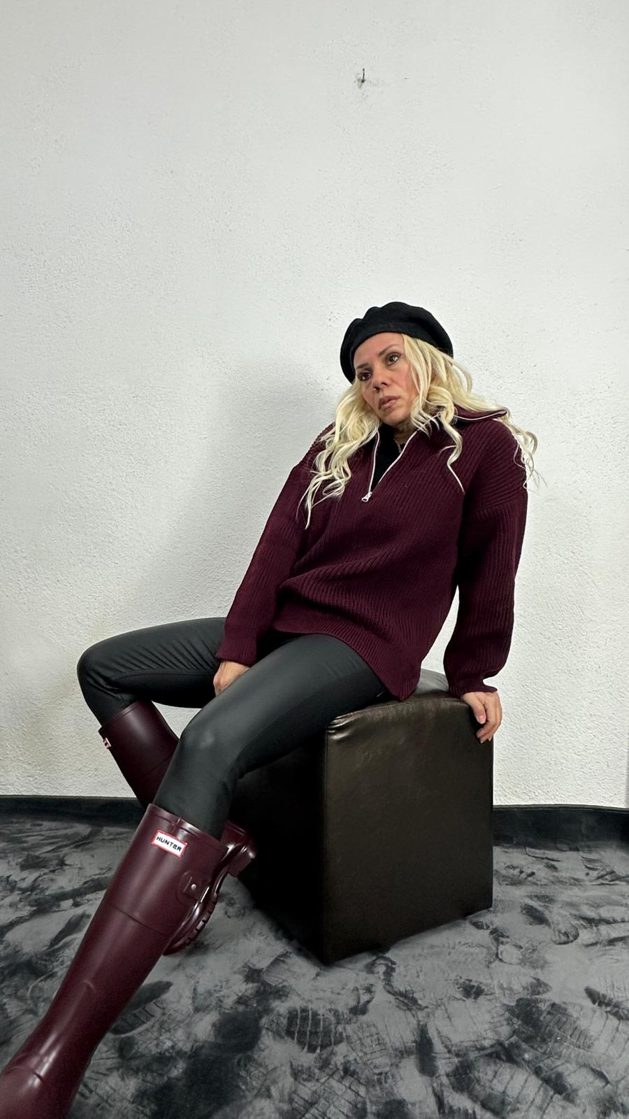 Nunu By Cosy Comfort Bordo Polo Yaka Fermuarlı Kazak