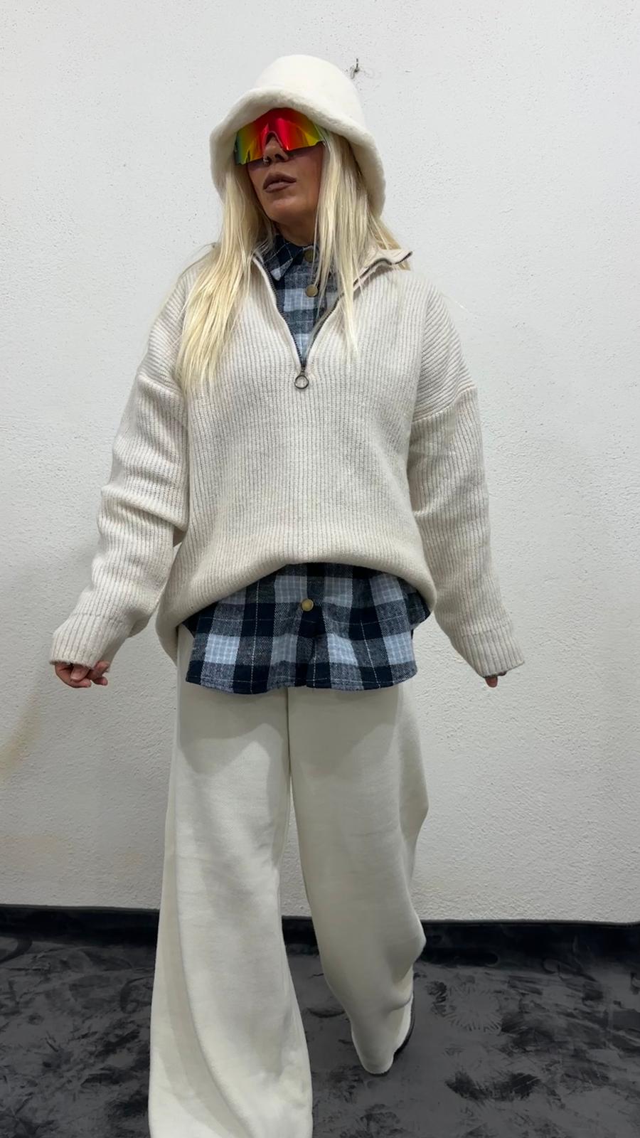 Nunu By Cosy Comfort Krem Polo Yaka Fermuarlı Kazak