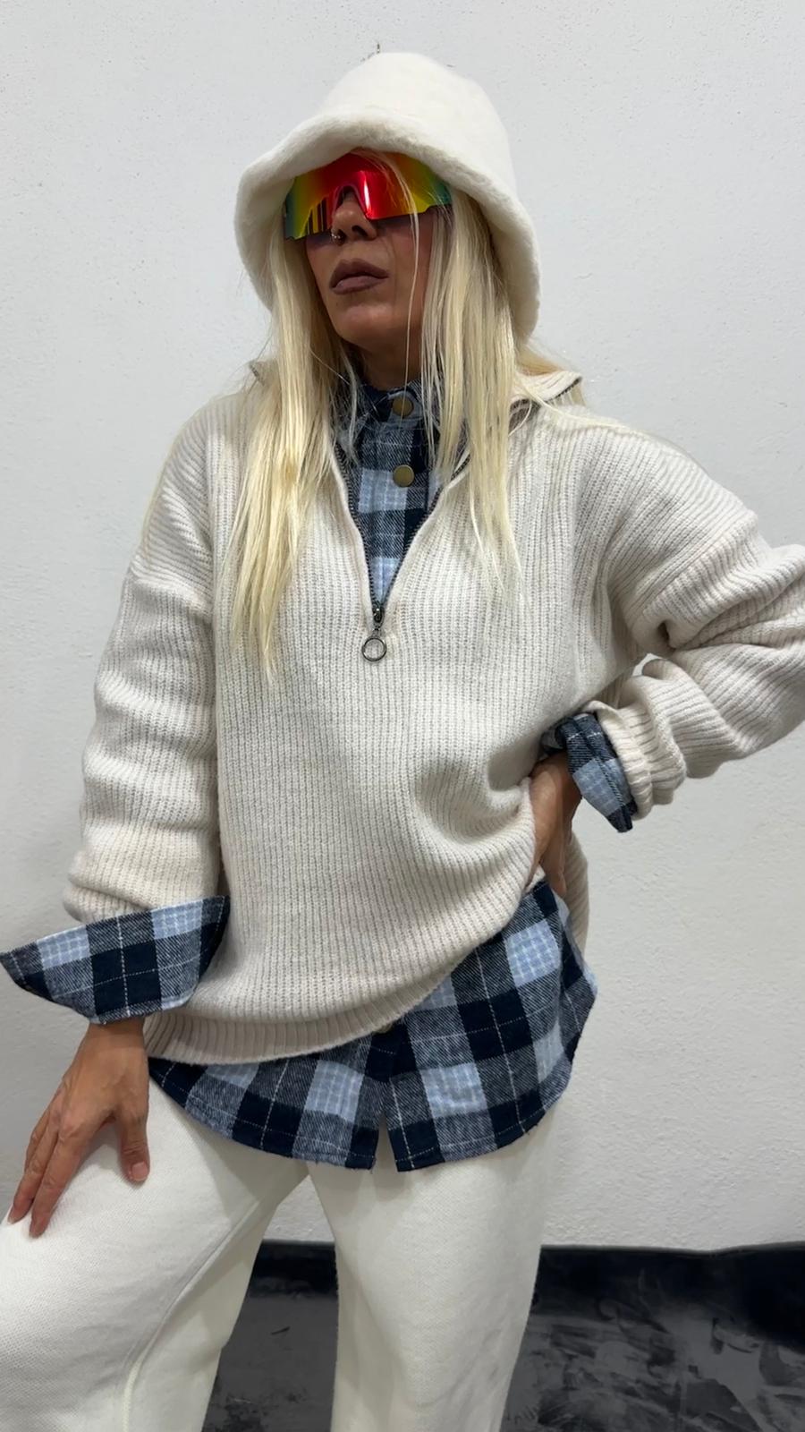 Nunu By Cosy Comfort Krem Polo Yaka Fermuarlı Kazak