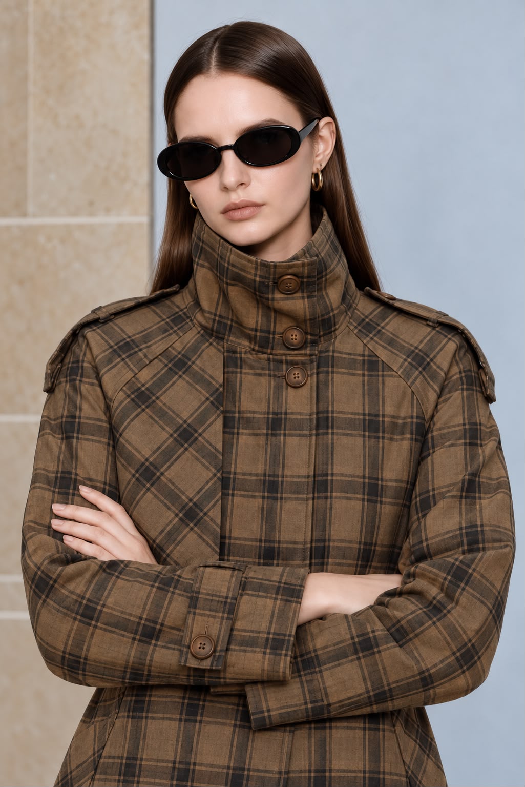 NuNu By Heritage Check Dik Yaka Ekose Kadın Trençkot