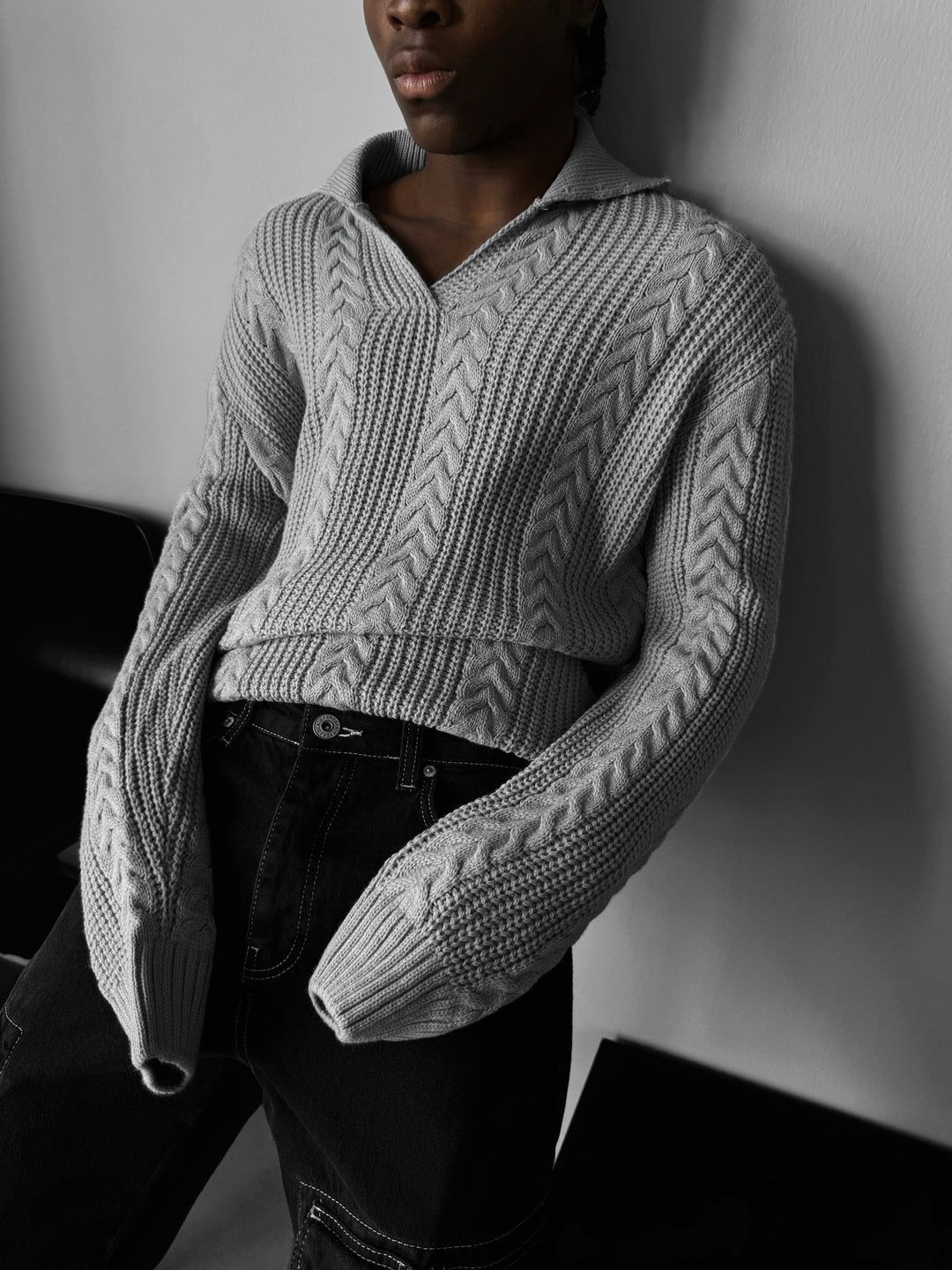 NuNu By Lagos Balık Sırtı V Yaka Erkek Açık Gri Kazak