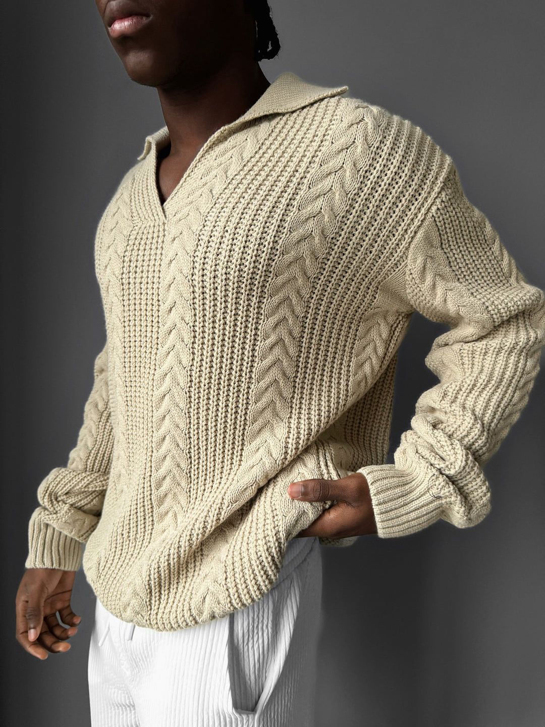 NuNu By Lagos Balık Sırtı V Yaka Erkek Bej Kazak